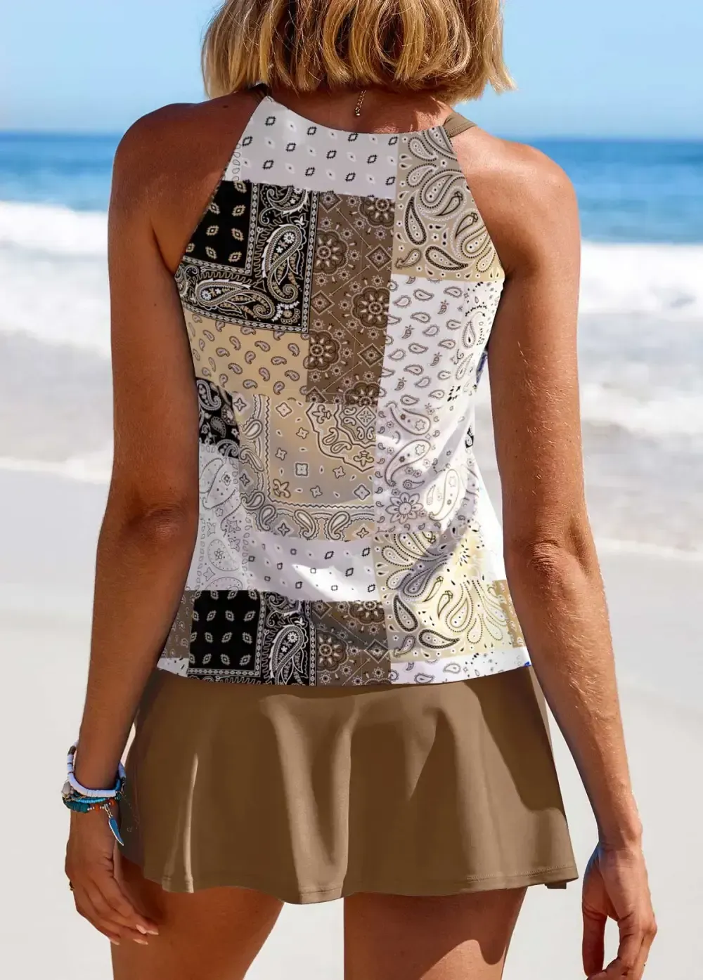 Cut Out Patchwork Light Camel Tankini Set