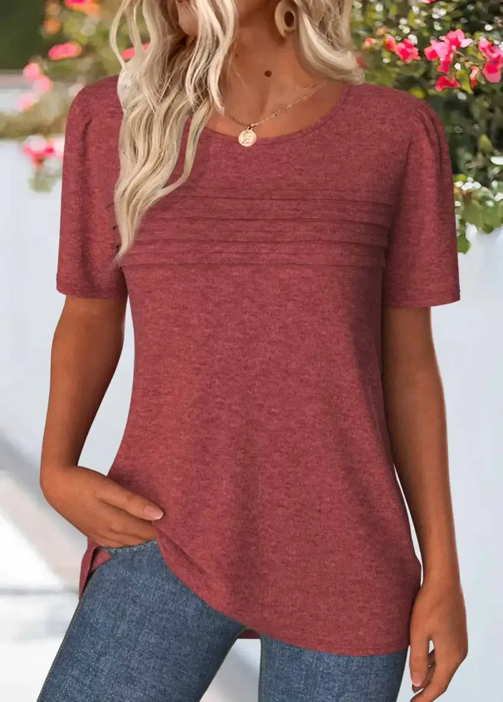 Brick Red Tuck Stitch Short Sleeve T Shirt