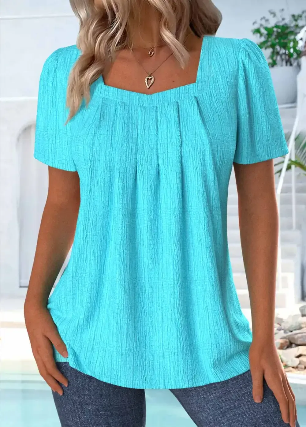 Cyan Short Sleeve Square Neck T Shirt