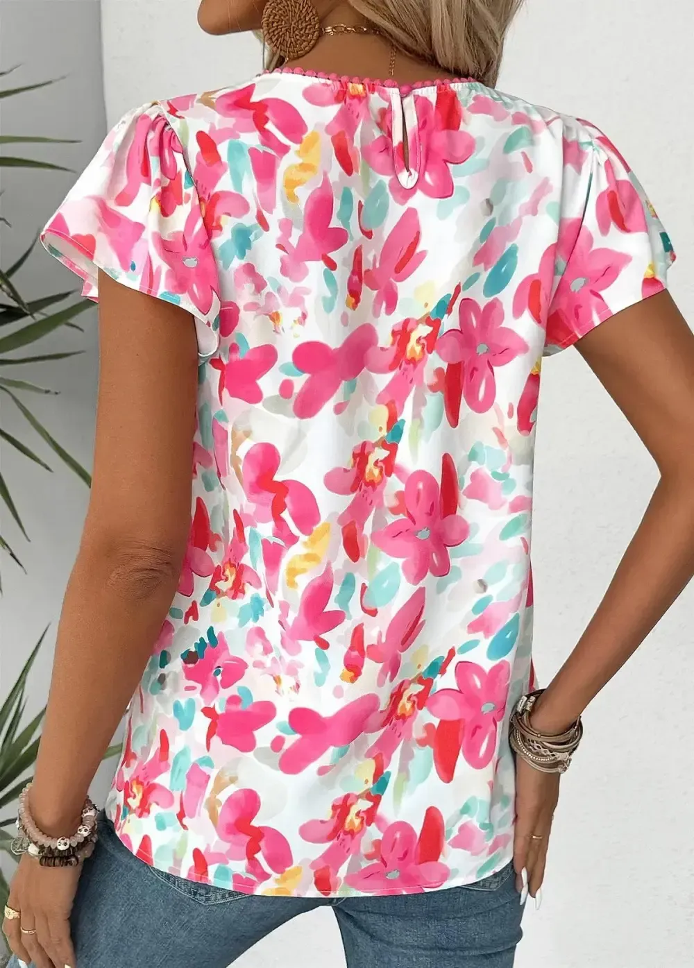 Hot Pink Floral Print Short Sleeve Round Neck Blouse