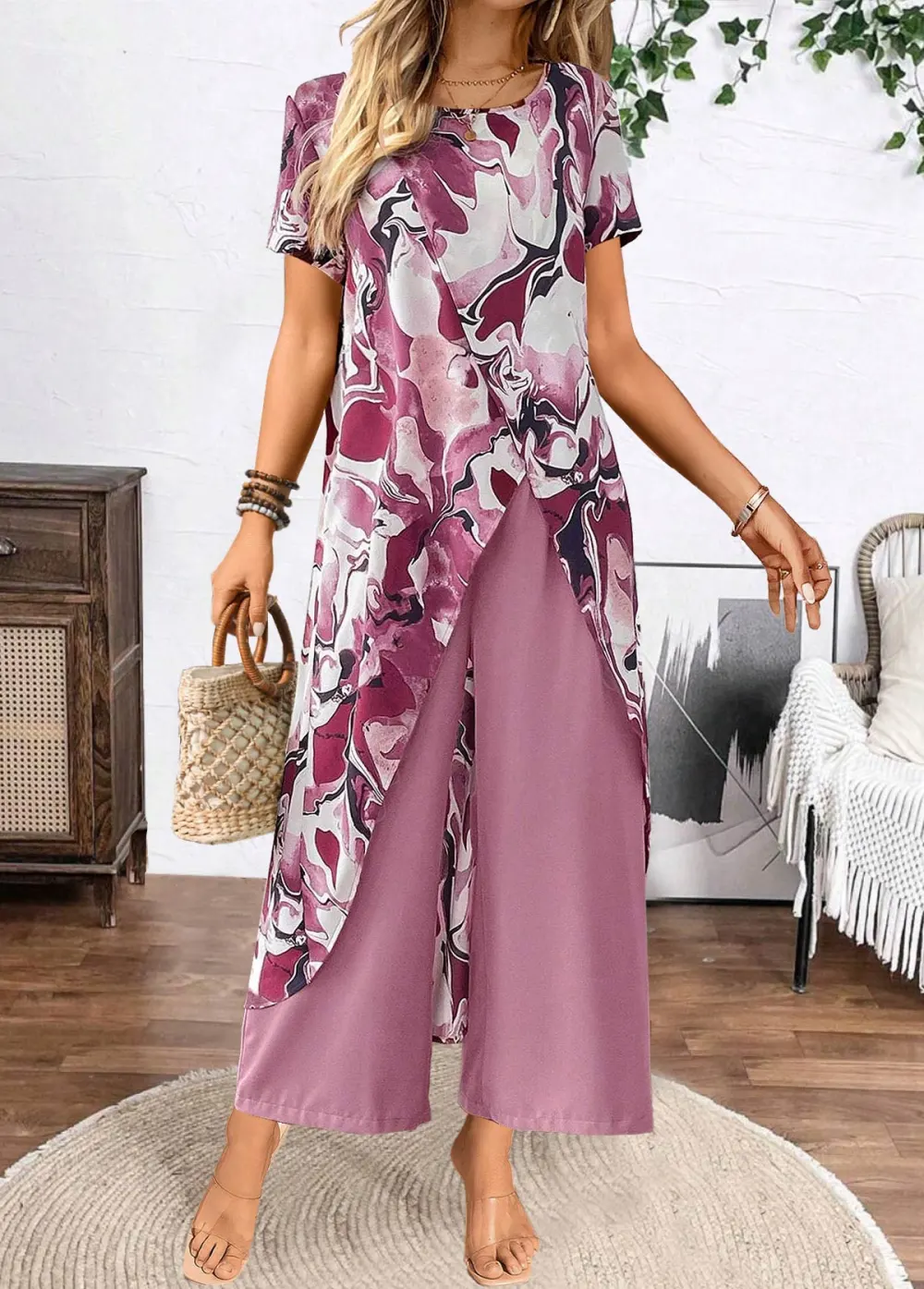 Dusty Purple Two Piece Floral Print Half Sleeve Top