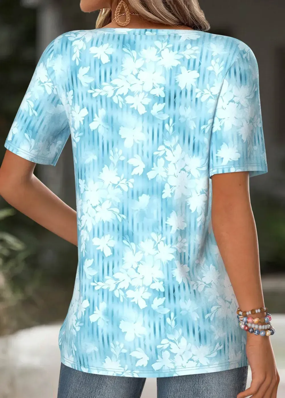 Light Blue Floral Print Short Sleeve T Shirt