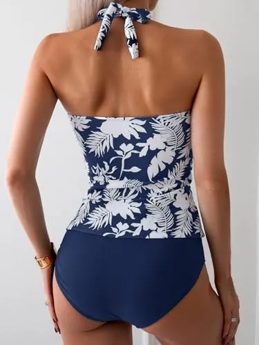Womens Halter Ruched Tummy Control Two Piece Tankini Set