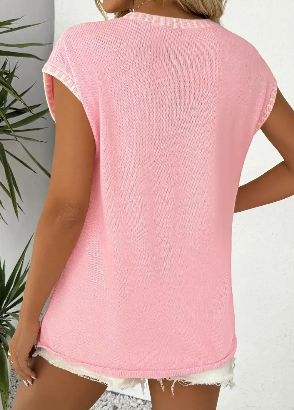 Pink Short Sleeve V Neck T Shirt
