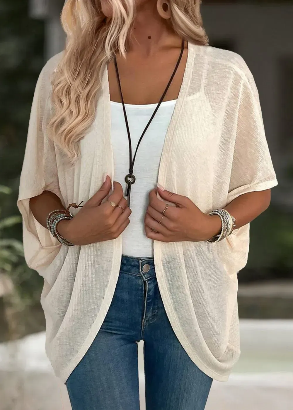 Beige Half Sleeve Tunic Light Cardigan