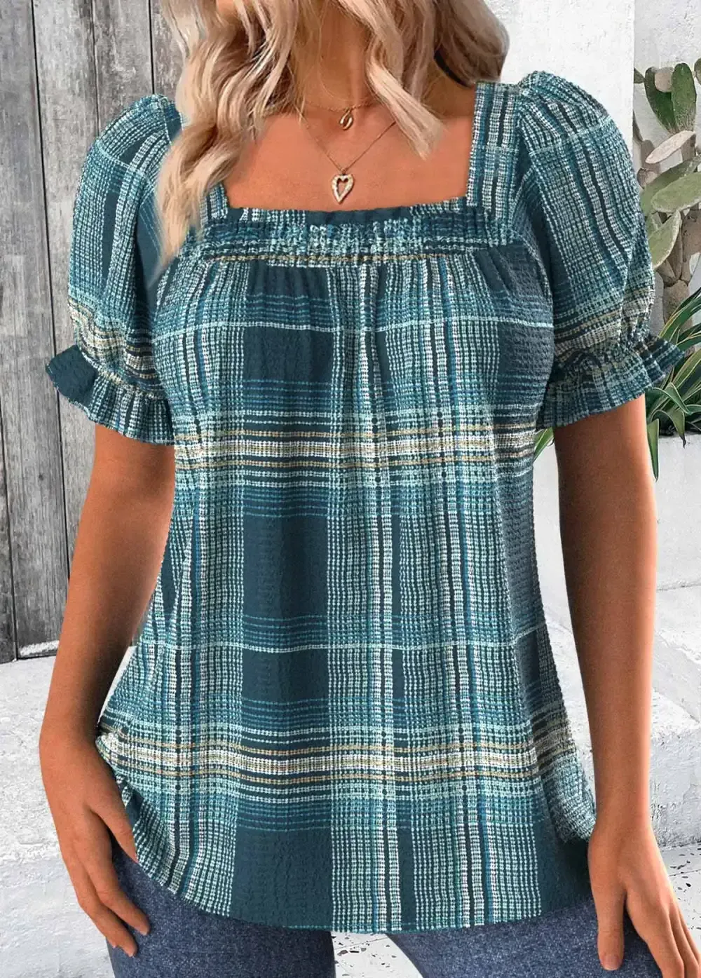 Cyan Plaid Half Sleeve Square Neck T Shirt