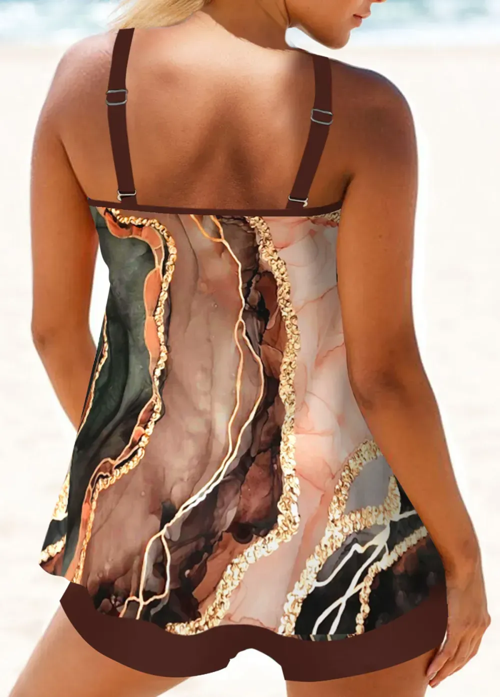 Circular Ring Marble Print Dark Coffee Tankini Set