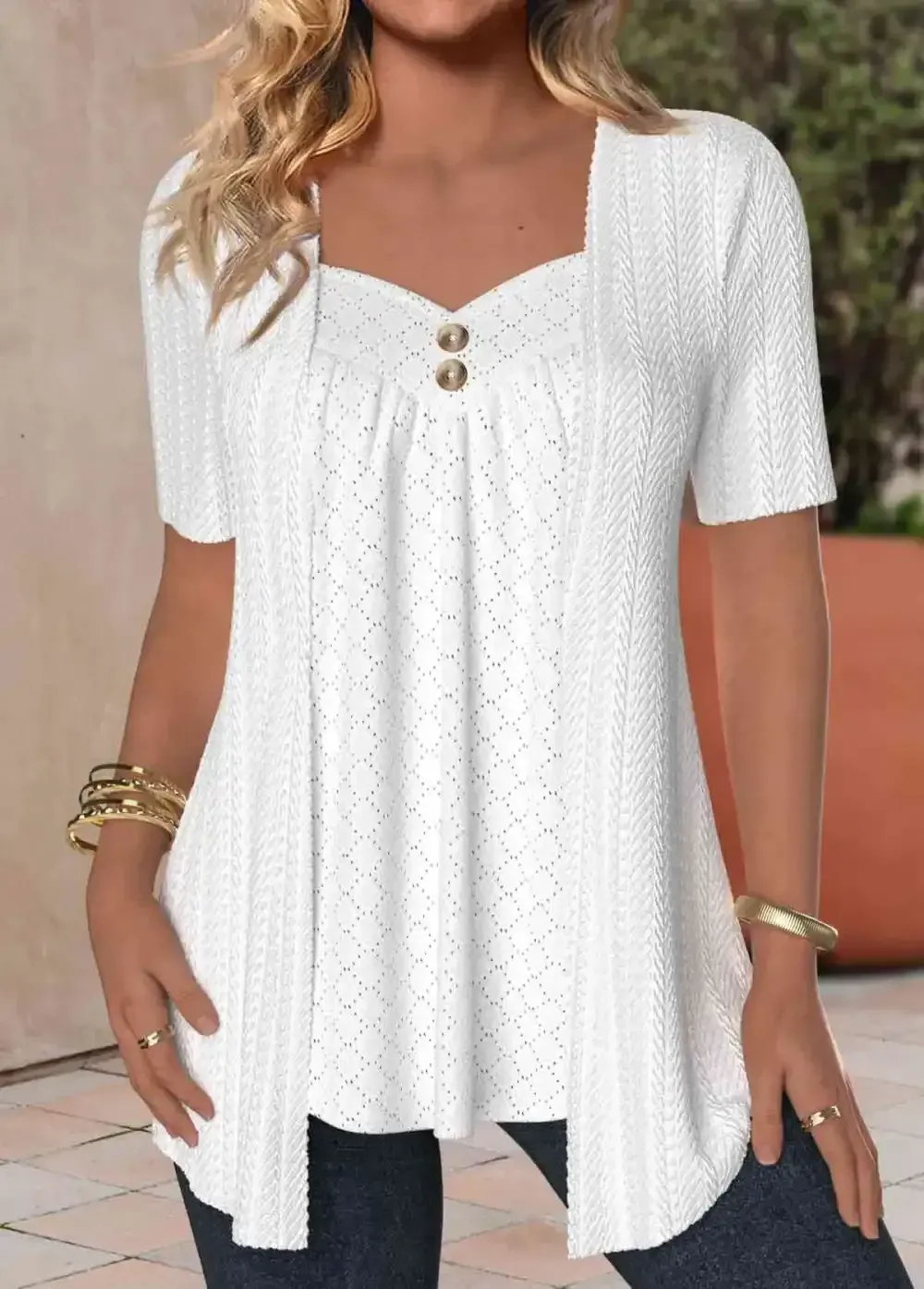 White Textured Fabric Short Sleeve Fake Two Piece Twinset