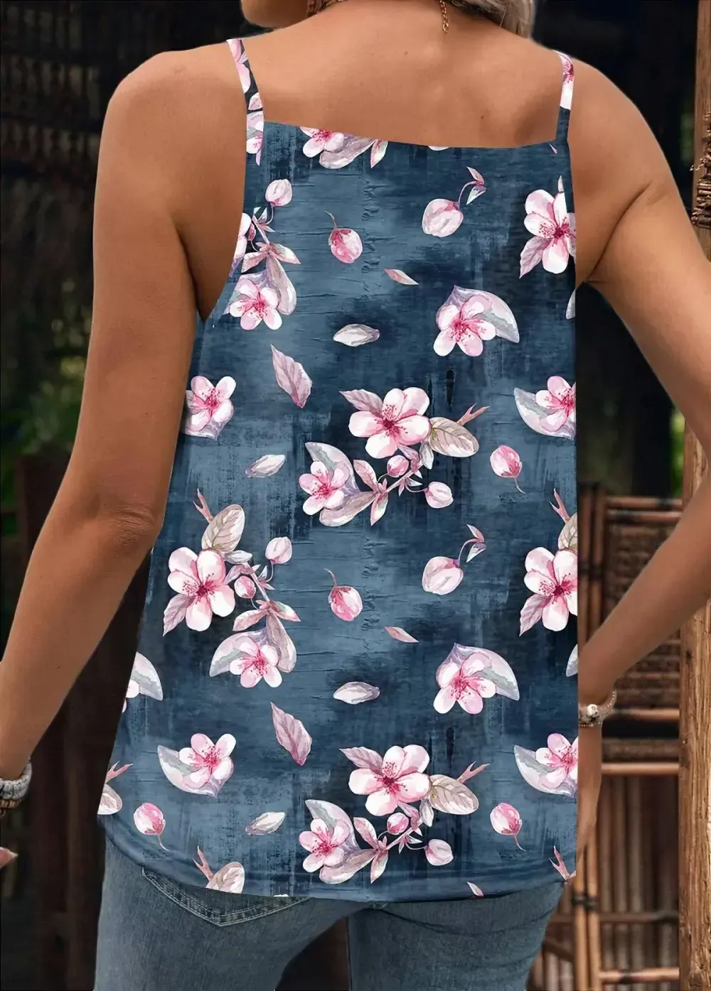 Peacock Blue Random Floral Print Strappy Camisole Top