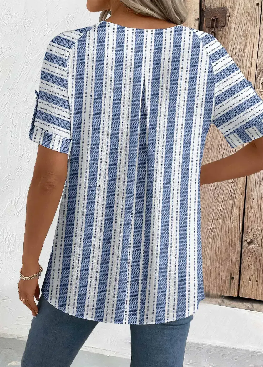 Blue Geometric Print Short Sleeve Round Neck Blouse