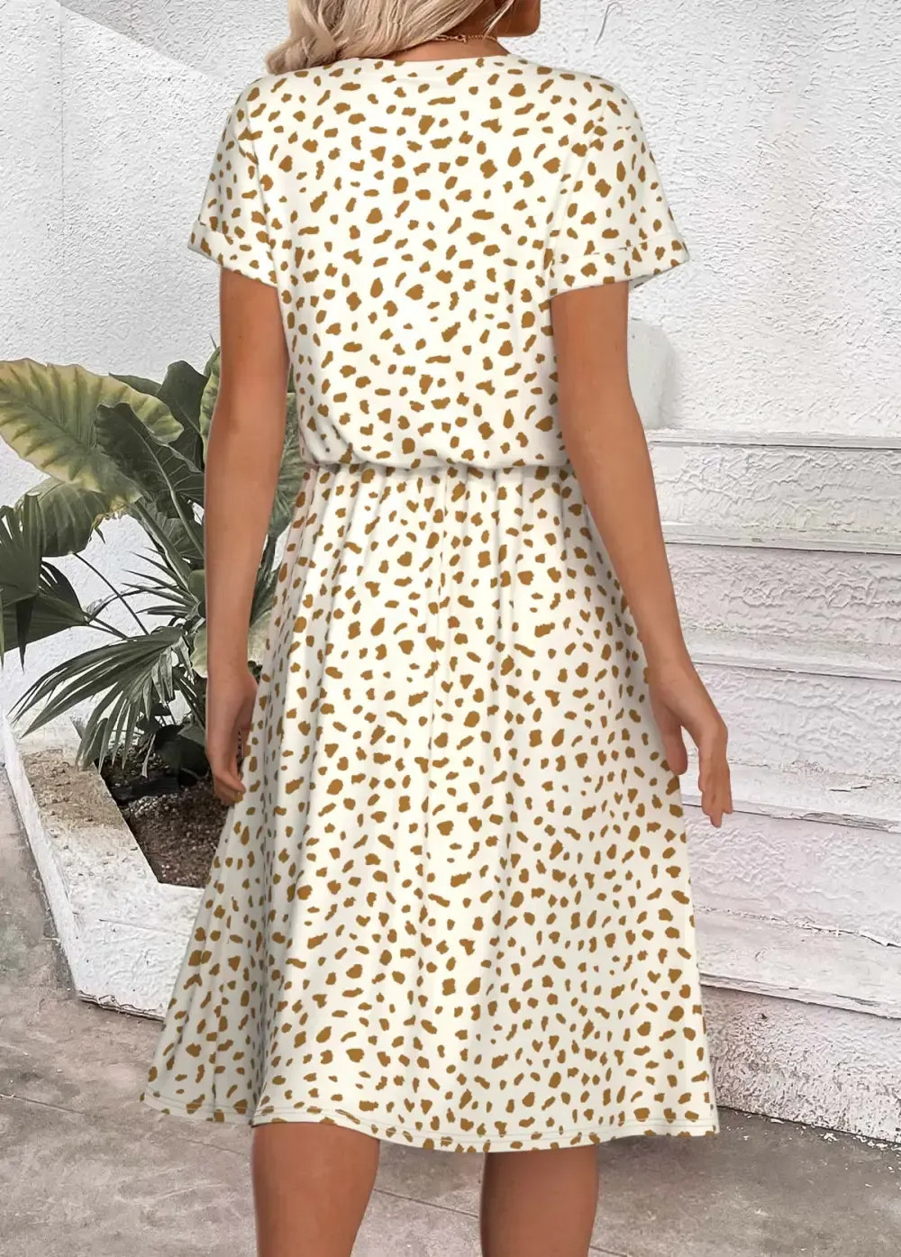 White Polka Dot Short Sleeve Split Neck Dress