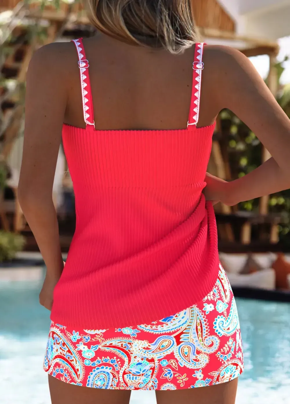 Mid Waisted Tribal Print Red Tankini Set