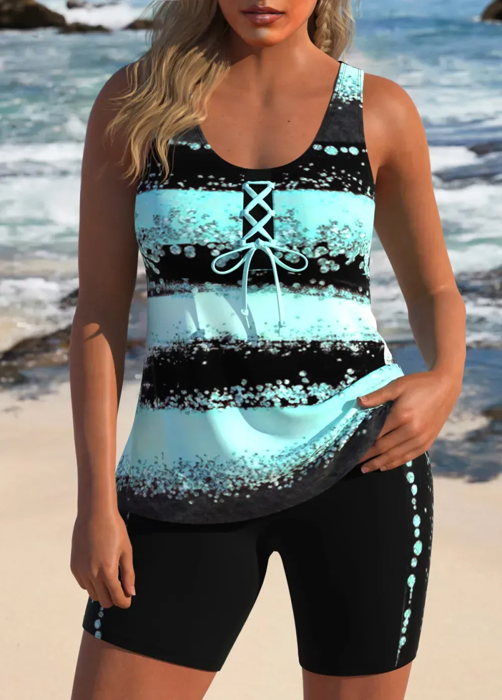 Lace Up Striped Mint Green Tankini Set