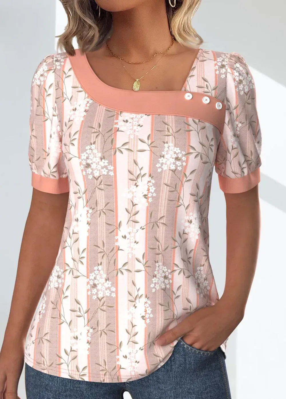 Light Pink Patchwork Floral Print Short Sleeve T Shirt