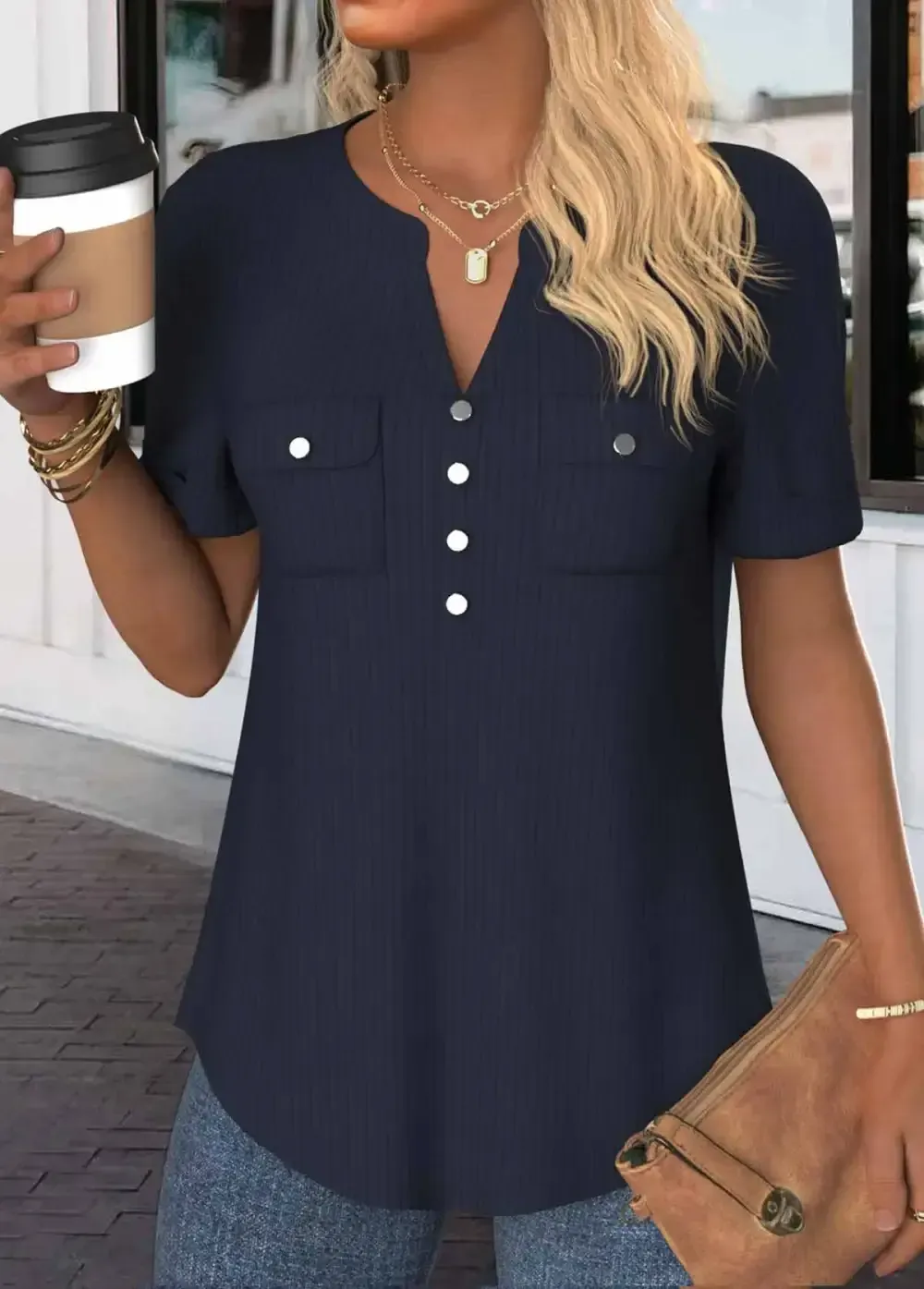 Navy Button Short Sleeve Split Neck Blouse