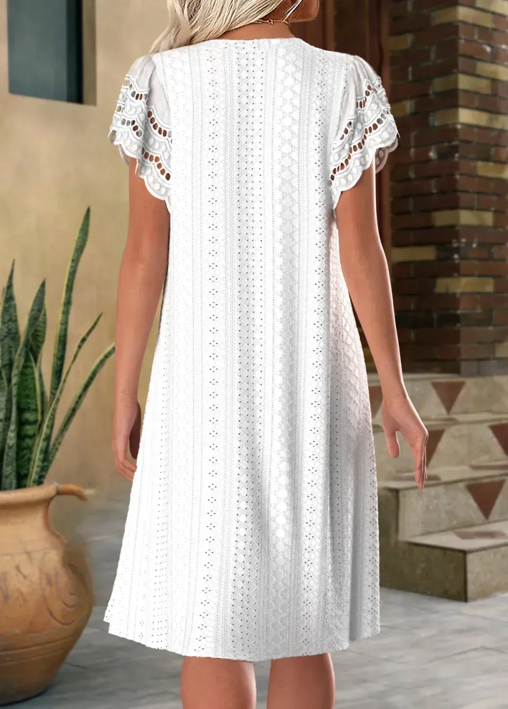 White Short Sleeve Split Neck Dress