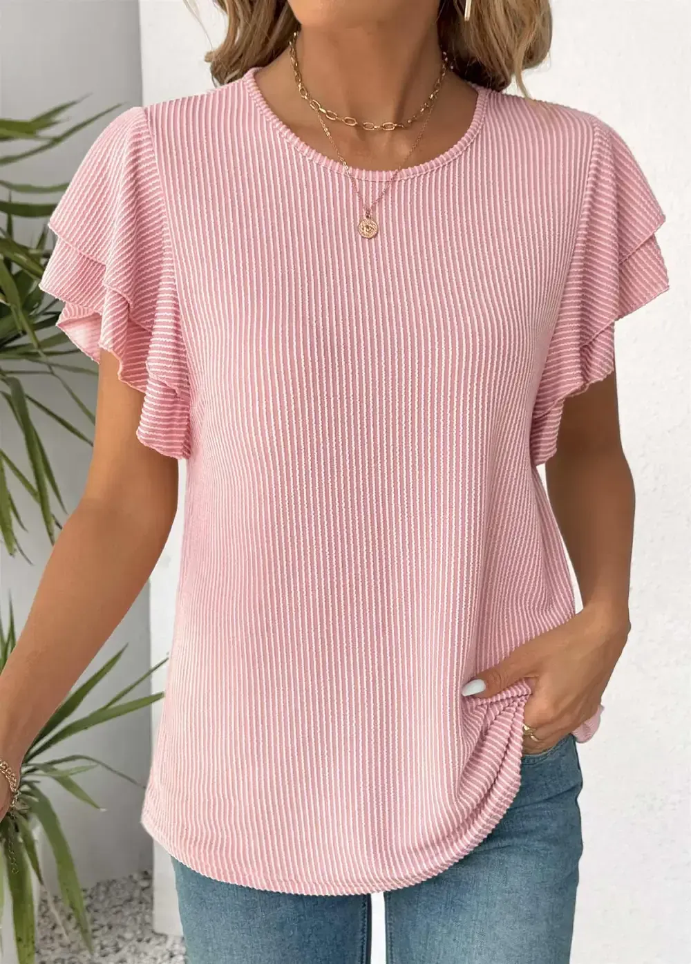 Light Pink Short Sleeve Round Neck T Shirt