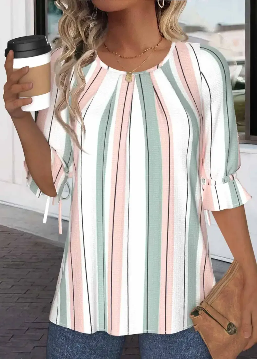 White Drawstring Striped Half Sleeve Round Neck Blouse
