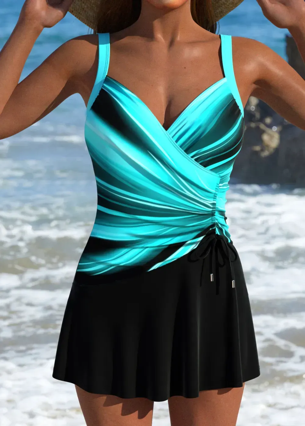 Drawstring Ombre Cyan One Piece Swimdress