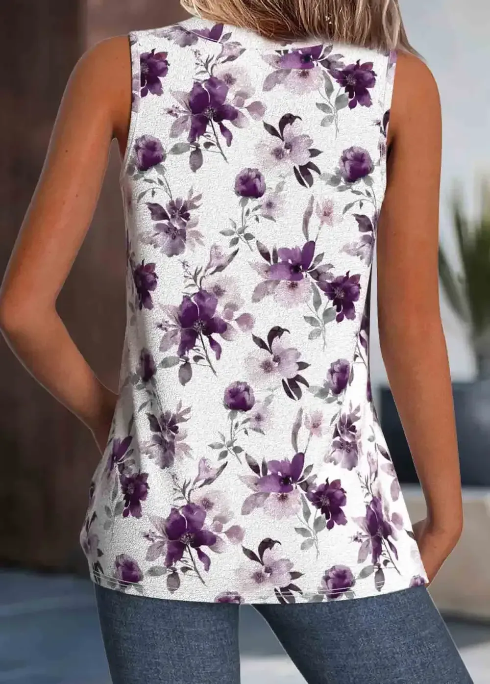 White Floral Print Sleeveless V Neck Tank Top
