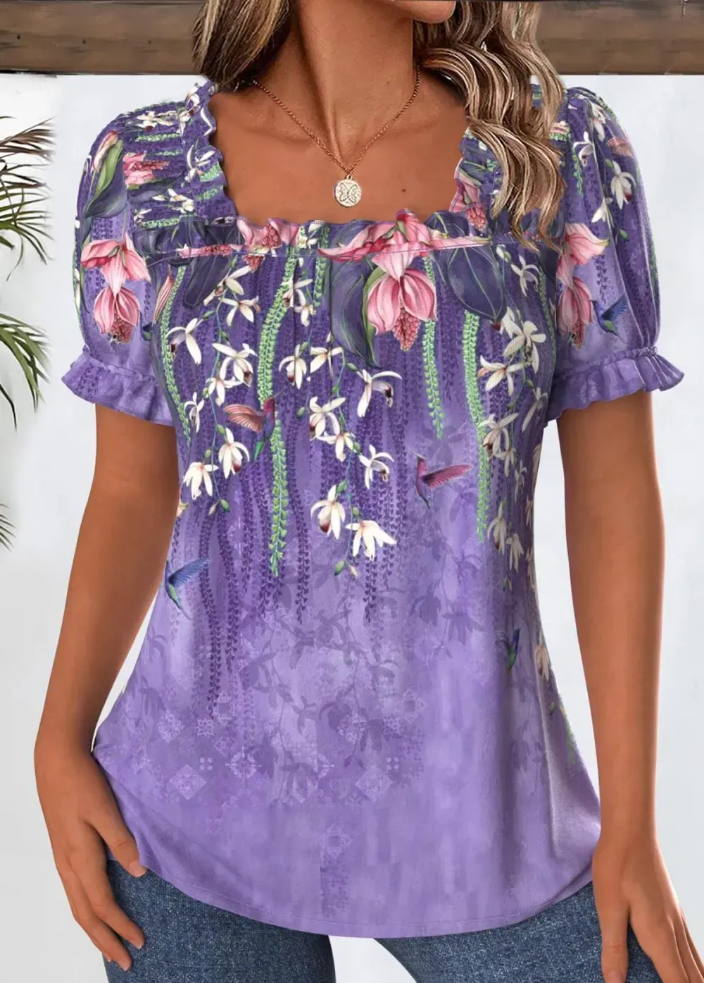 Purple Floral Print Short Sleeve Square Neck Blouse