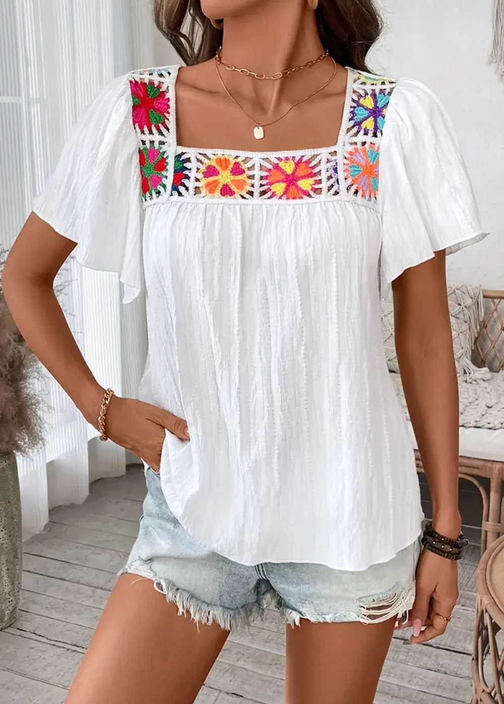 Raw White Patchwork Short Sleeve Square Neck T Shirt