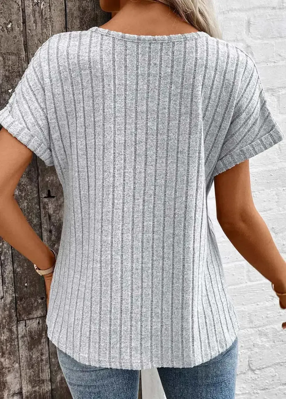 Light Grey Marl Zipper Short Sleeve V Neck Blouse
