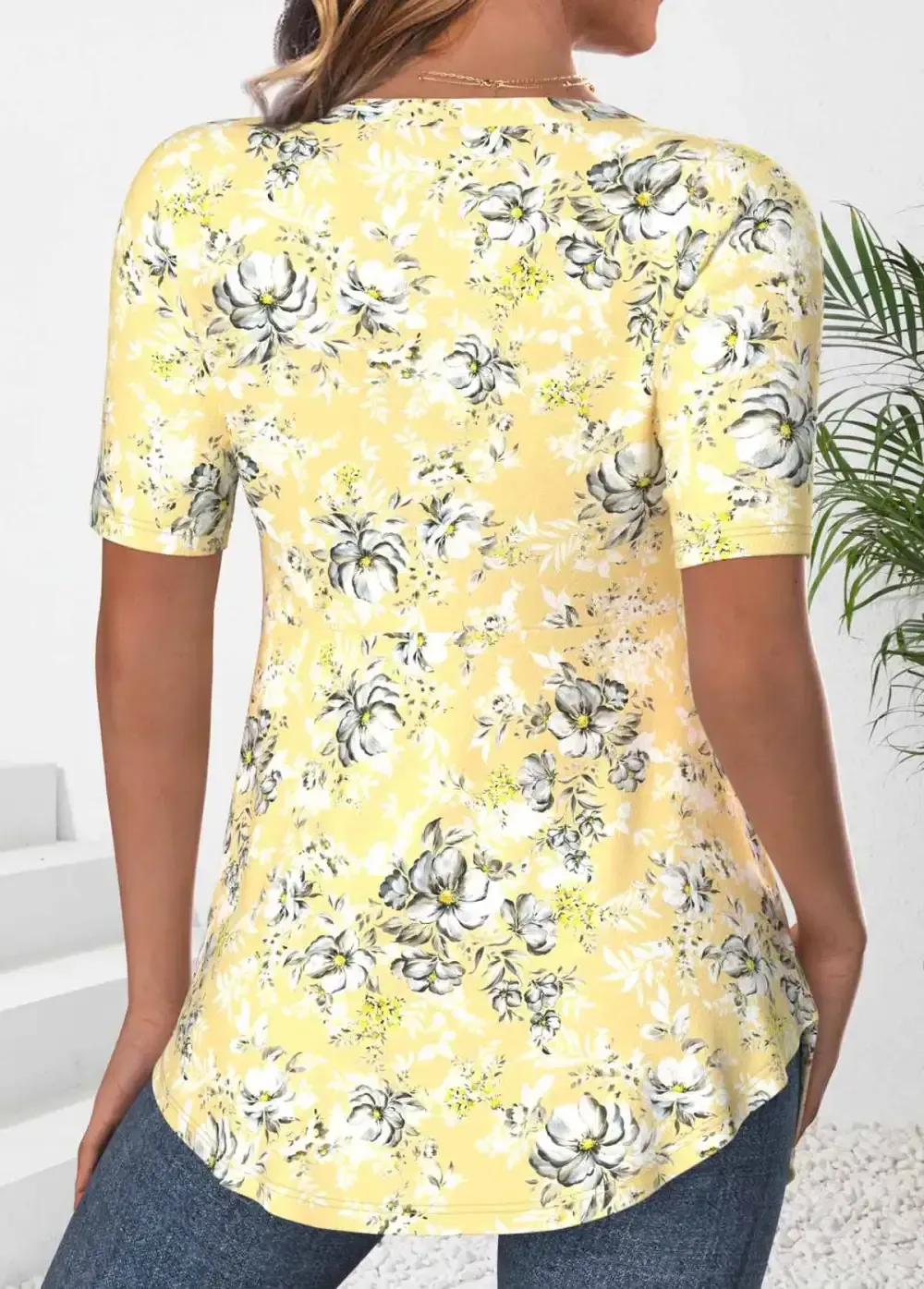 Light Yellow Floral Print Fake Two Piece Twinset