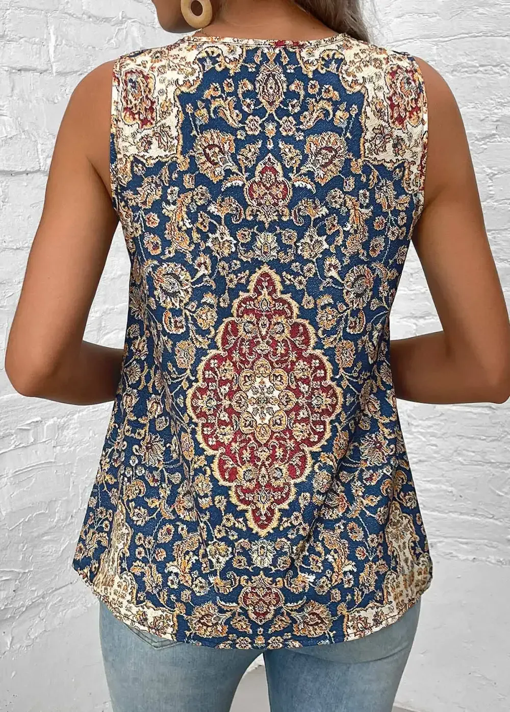 Blue Patchwork Tribal Print Sleeveless V Neck Tank Top