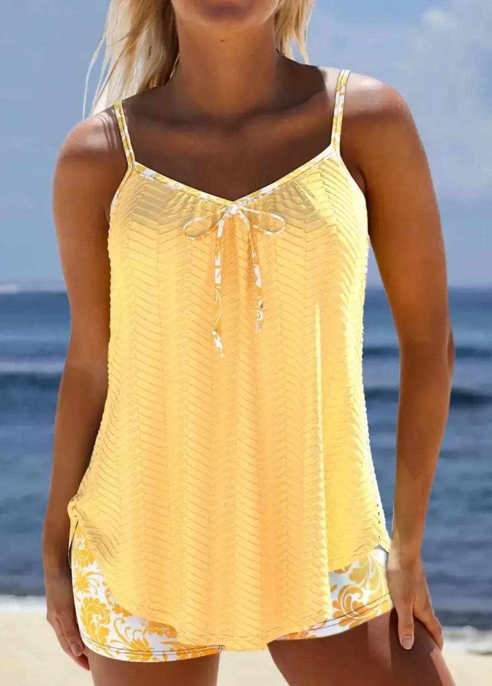 Jacquard Floral Print Light Yellow Tankini Set