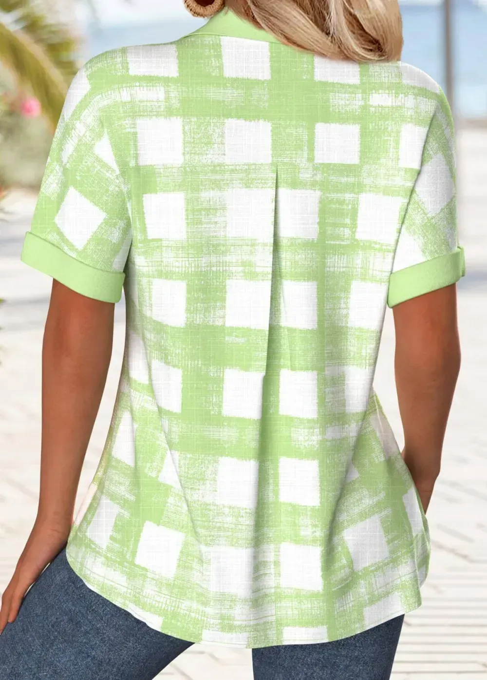 Light Green Button Plaid Short Sleeve Shirt