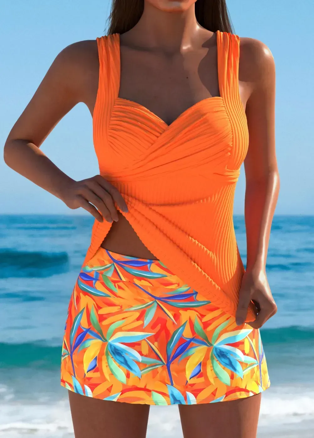 Mid Waisted Leaf Print Orange Tankini Set