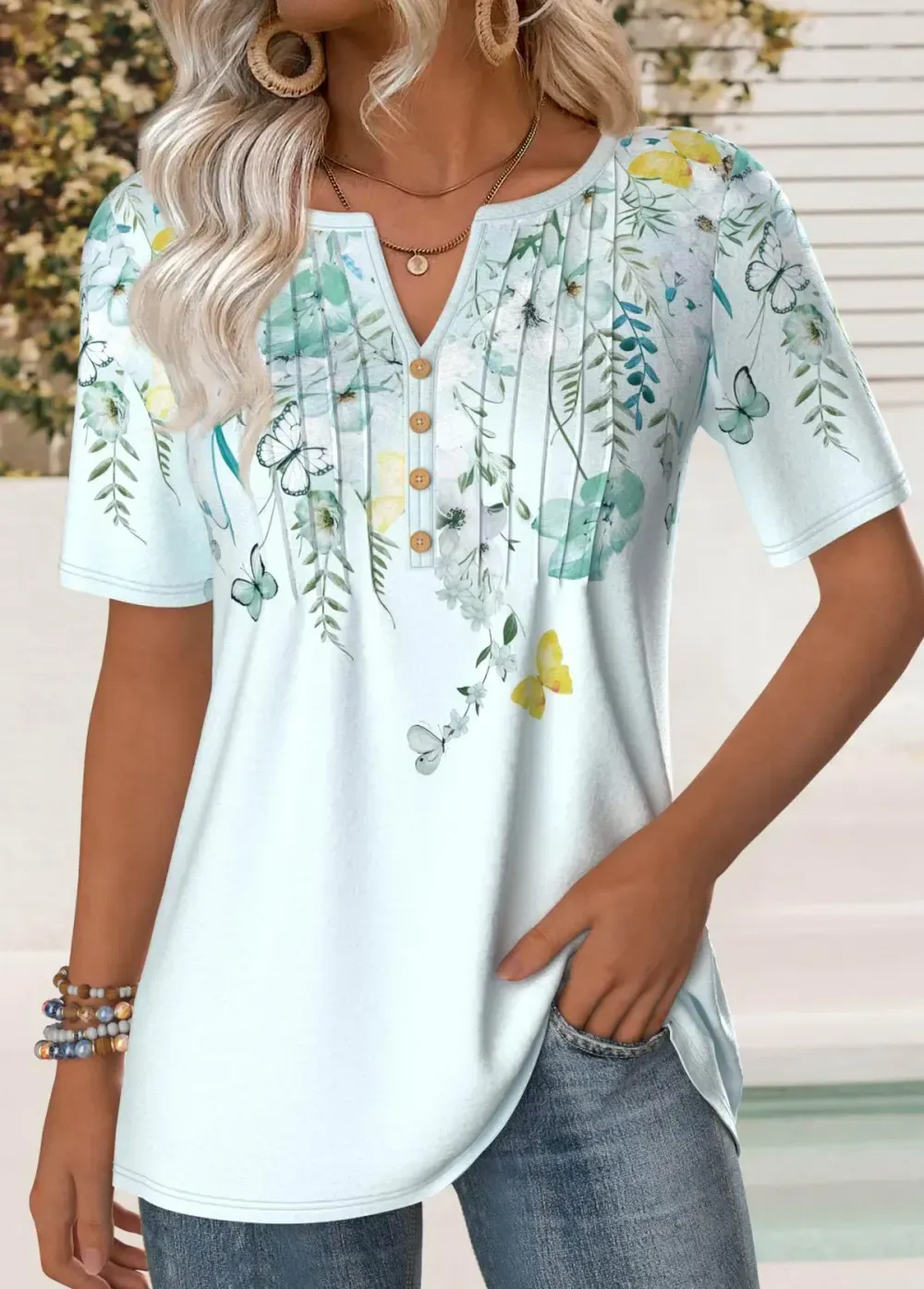 Mint Green Tuck Stitch Floral Print T Shirt