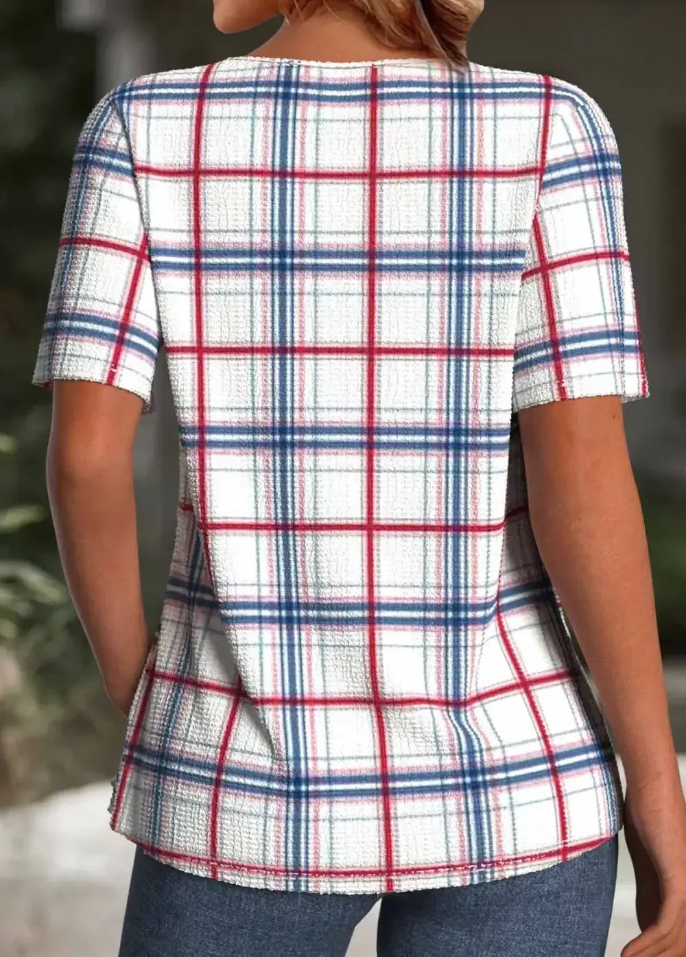 White Plaid Short Sleeve Round Neck T Shirt