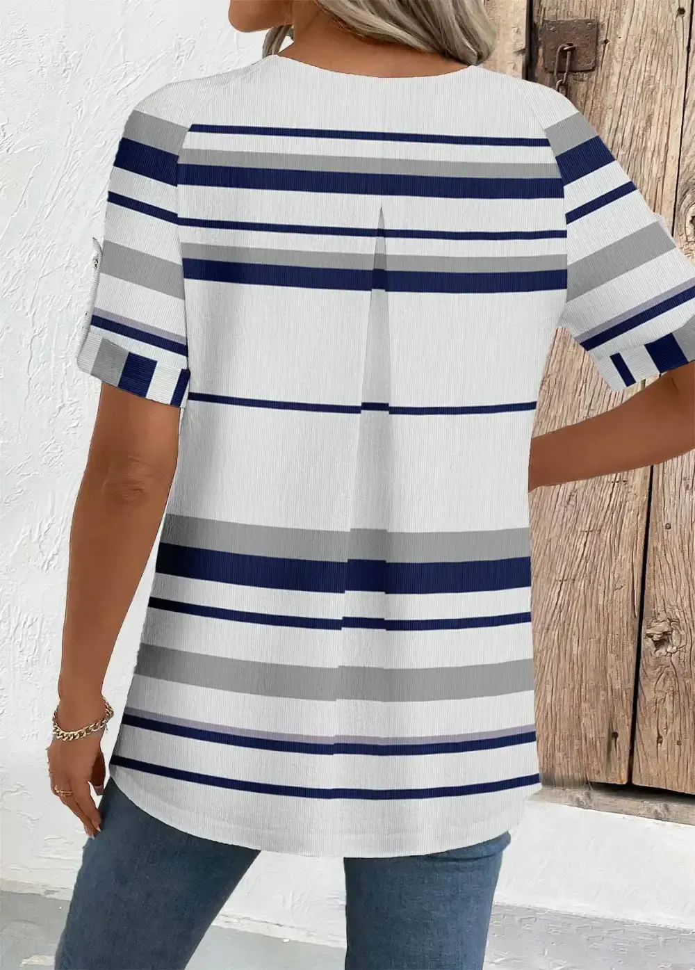 White Striped Short Sleeve Round Neck Blouse