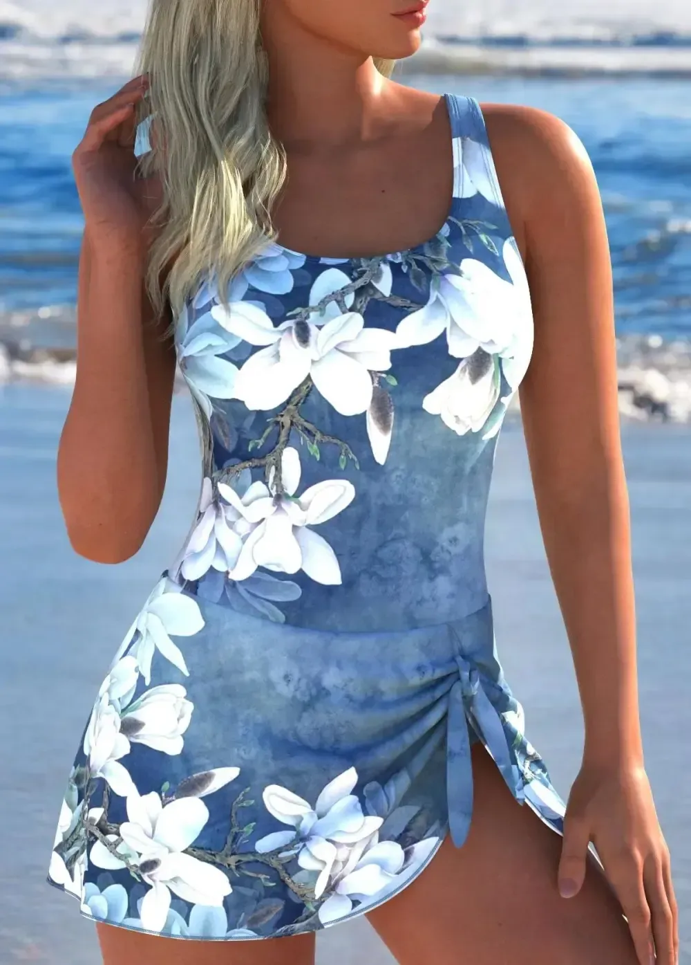 Tie Floral Print Denim Blue One Piece Swimdress