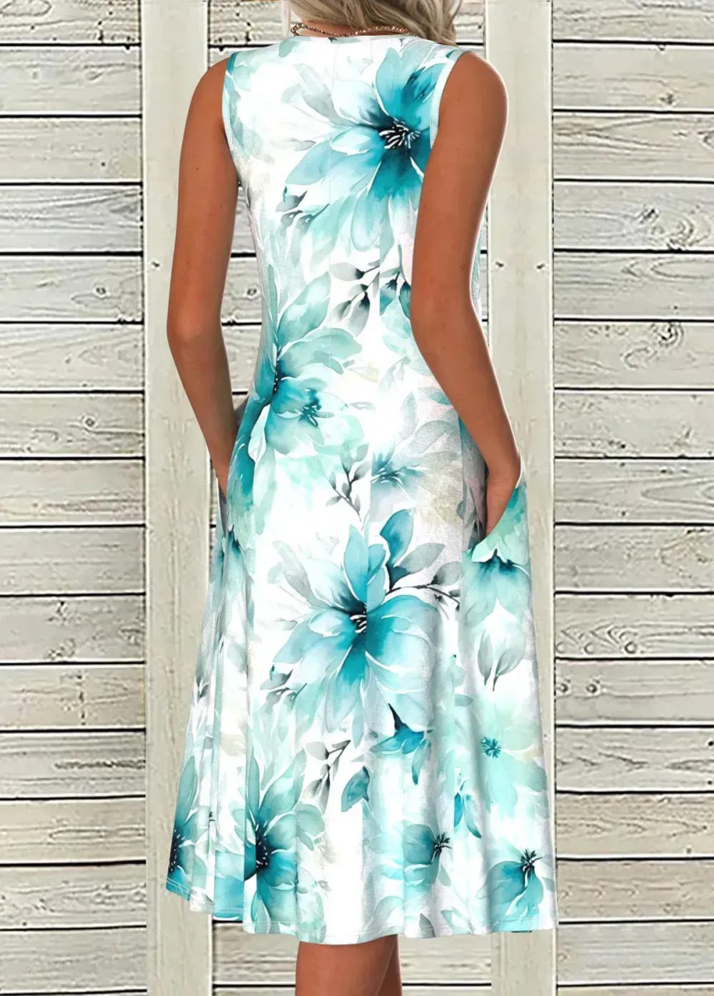 Blue Pocket Floral Print A Line Sleeveless Dress