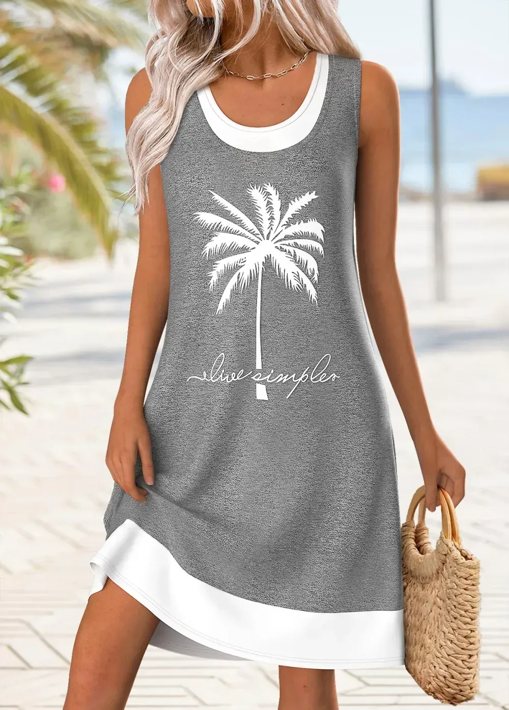 Grey Patchwork Tropical Plants Print Short A Line Dress