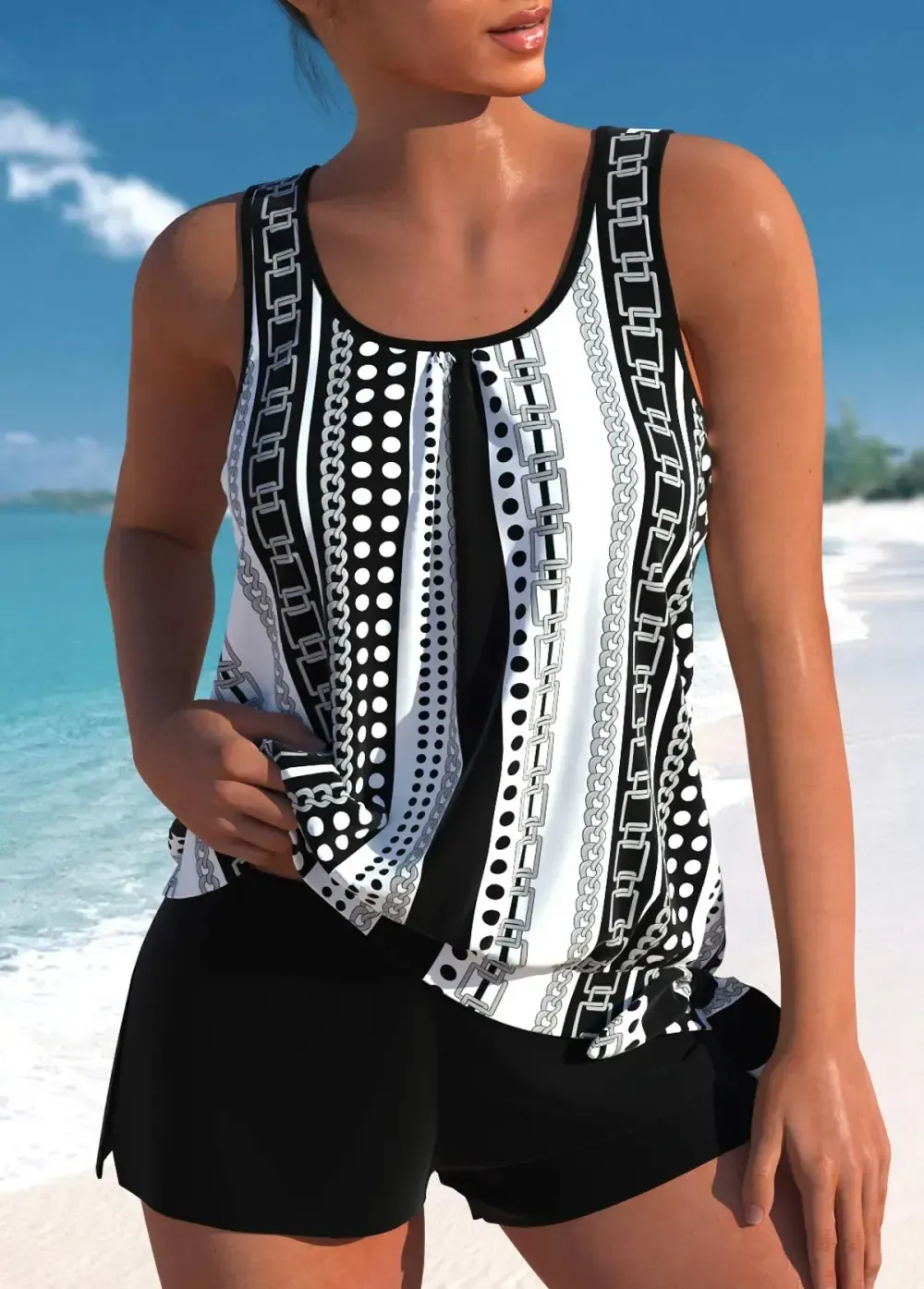 Bowknot Geometric Print Black Tankini Set