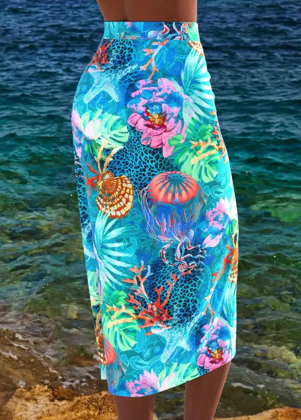 Bowknot Marine Life Print Cyan Cover Up
