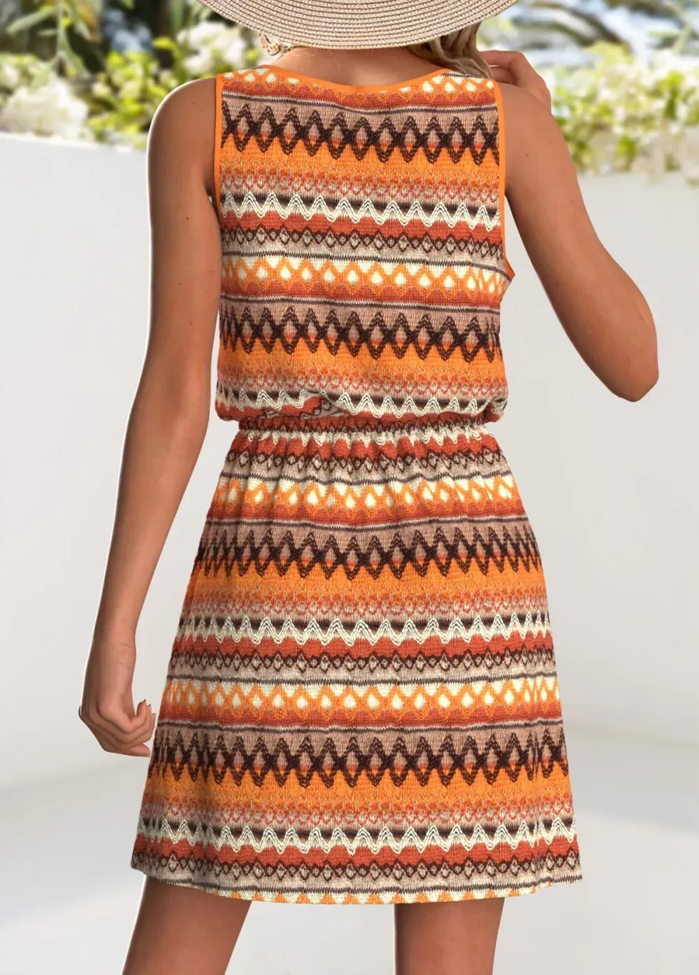 Orange Drawstring Tribal Print Short Sleeveless Scoop Neck Dress