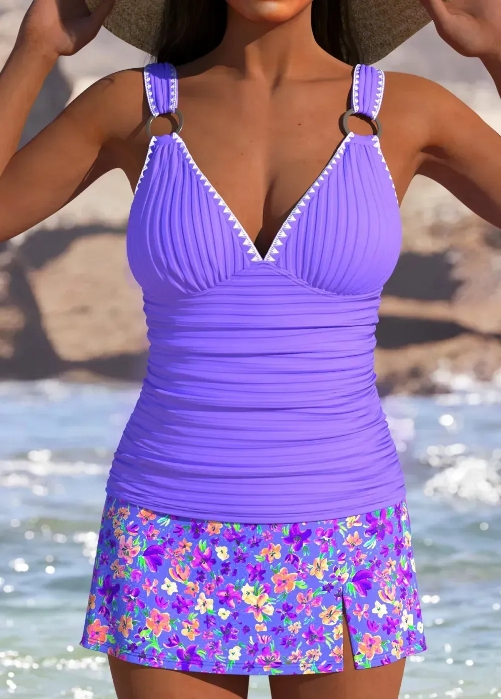 High Waisted Floral Print Light Purple Tankini Set
