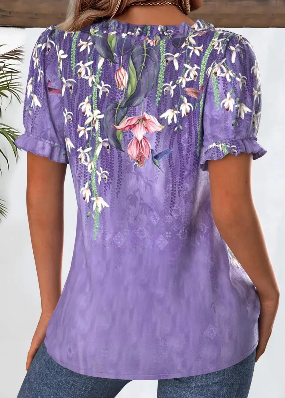 Purple Floral Print Short Sleeve Square Neck Blouse