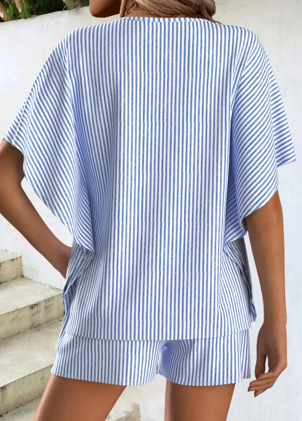 Blue Striped Round Neck Short Sleeve Cardigan and Shorts