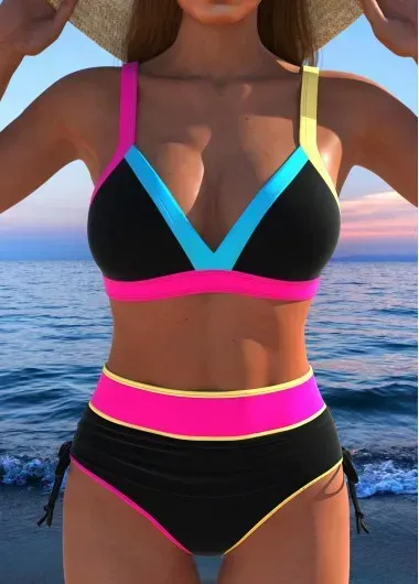 Contrast Binding High Waisted Black Bikini Set