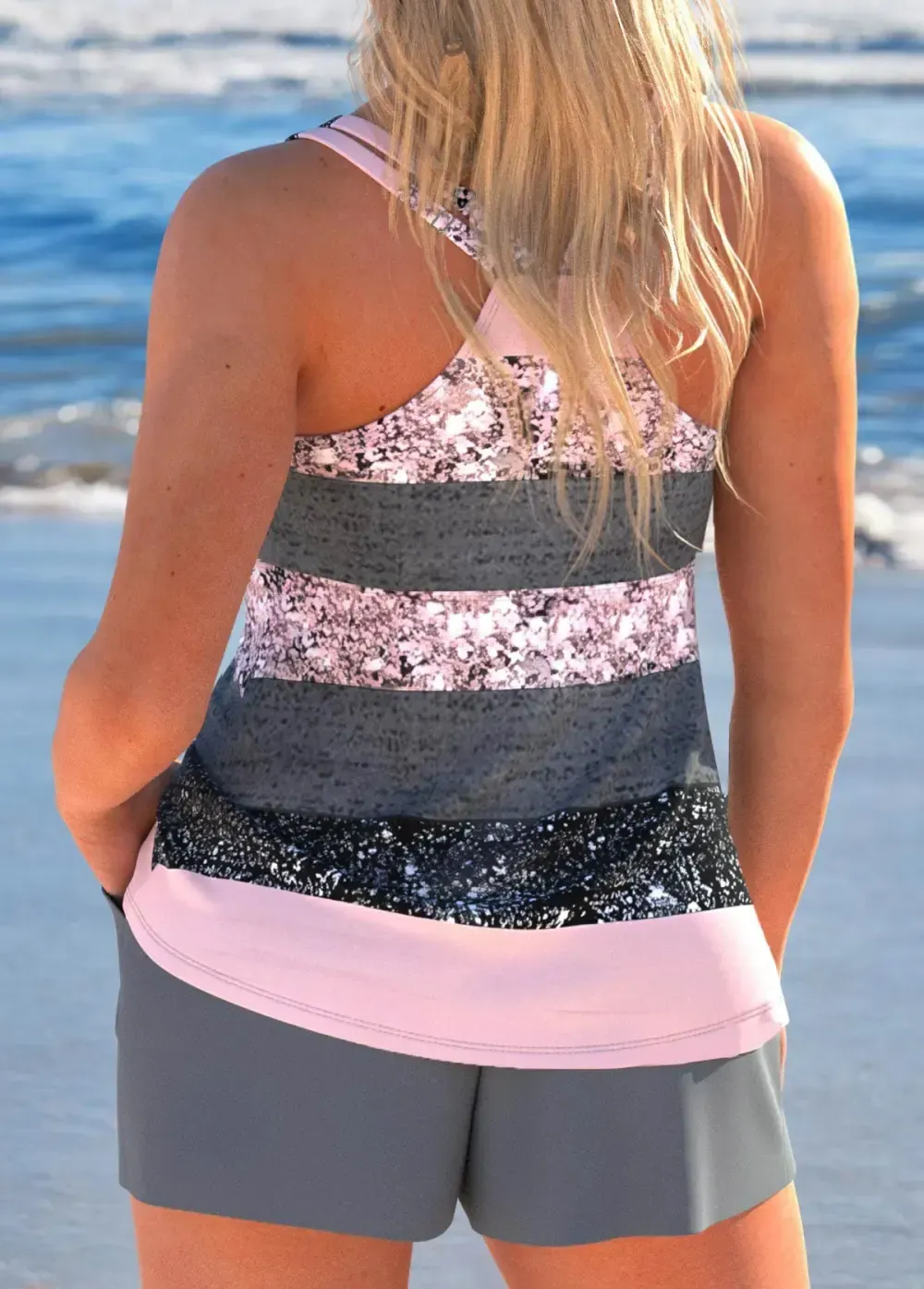 Lace Up Multi Stripe Print Grey Tankini Set