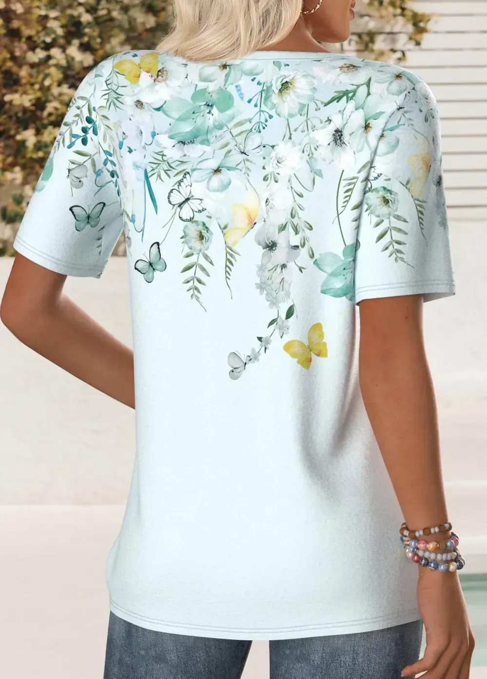 Mint Green Tuck Stitch Floral Print T Shirt