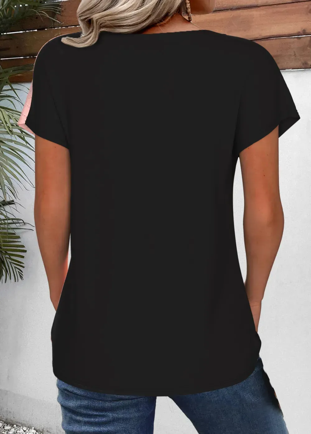 Light Pink Patchwork Short Sleeve V Neck T Shirt