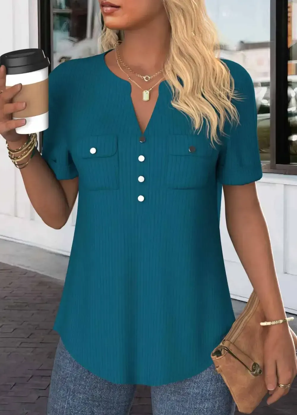 Peacock Blue Button Short Sleeve Split Neck Blouse