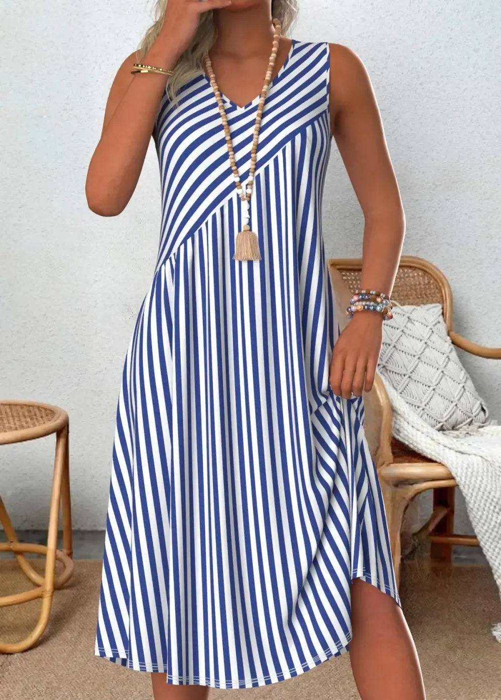 Blue Patchwork Striped A Line Sleeveless V Neck Dress